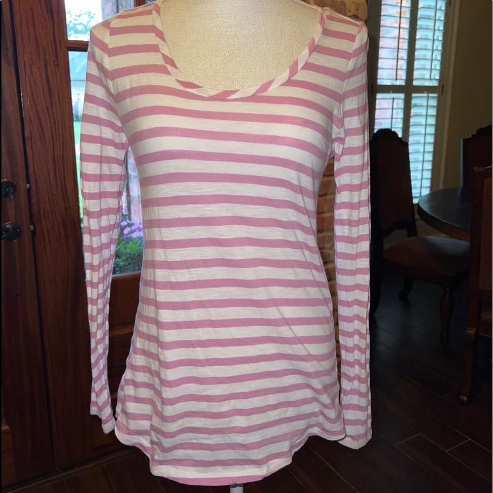 Ann Taylor LOFT Women Pink White Striped Long Sleeve T-Shirt Size Small